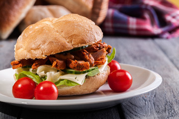 Fried chicken meat with cheese and vegetables in bun