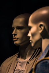 male dummy with no hair and makeup on shopping display