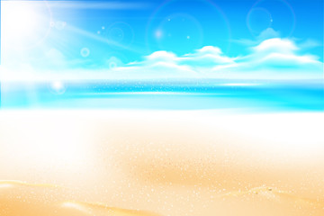 Fototapeta na wymiar Sand beach over blur sea and sky with sun light flare and copyspace abstract background vector illustration 002