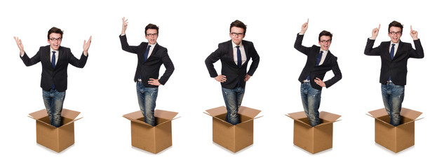 Funny man with boxes isolated on white