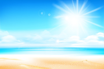 Naklejka premium Sand beach over blur sea and sky with sun light flare and copyspace abstract background vector illustration