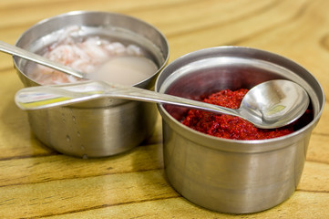 spices, salted shrimp and diced red peppers for a sundae gukbap, Korean blood sausage stew