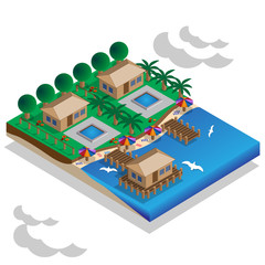 Resort on the shore. Bungalow. Isometric. Vector illustration.