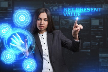 The concept of business, technology, the Internet and the network. A young entrepreneur working on a virtual screen of the future and sees the inscription: Net present value