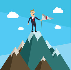 Businessman is standing on a mountain.