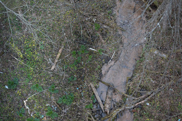 Damaged landscape of river bank with small river. Water polluted with mud due to landslide