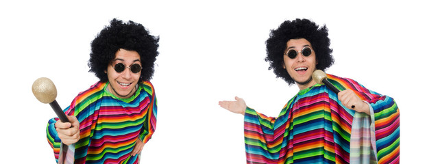 Funny mexican wearing poncho with maracas isolated on white