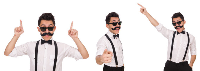 Young man with moustache isolated on white