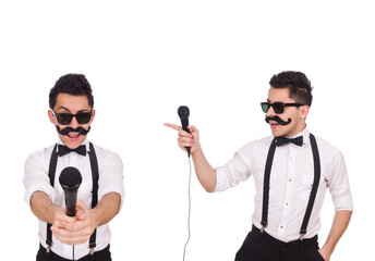 Funny man with mic isolated on white