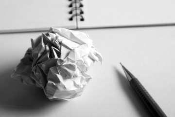 sketch drawing set. Crumpled paper, pencil, fountain pen, notebook. with monotone theme. © SeemaLotion