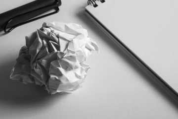 sketch drawing set. Crumpled paper, pencil, fountain pen, notebook. with monotone theme. © SeemaLotion