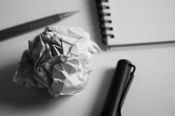 sketch drawing set. Crumpled paper, pencil, fountain pen, notebook. with monotone theme. © SeemaLotion