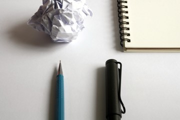 sketch drawing set. Crumpled paper, pencil, fountain pen, notebook. with high contrast theme. © SeemaLotion