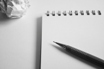 sketch drawing set. Crumpled paper, pencil, fountain pen, notebook. with monotone theme. © SeemaLotion
