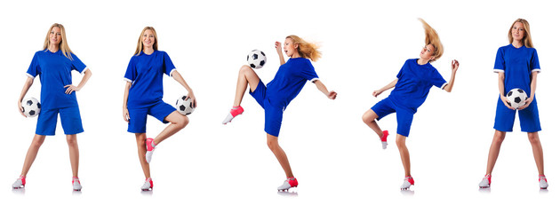 Woman playing football on white