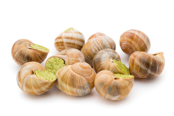 Cooked snails delicacy. French cuisine stuffed snails.
