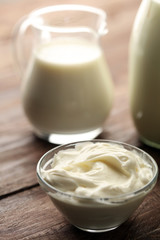 Obraz na płótnie Canvas milk products - tasty healthy dairy products on a table on: sour