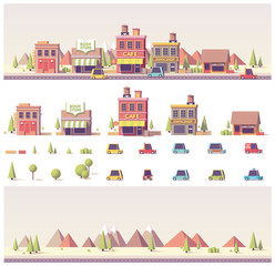 Vector low poly buildings and city scene
