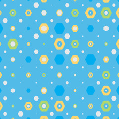 Abstract geometric blue background with hexagons of different colors and size.