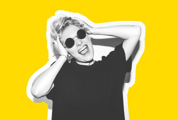 Stylish fashion blonde with short hair colorful collage. Crazy girl in a black t-shirt and rock...