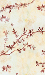 graceful vertical banner with almond blossom flowering twig. watercolor painting