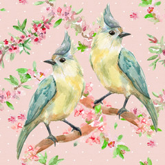 fantasy seamless texture with lovely birds on flowering twigs. w