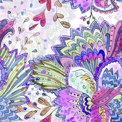 vintage seamless texture with ethnic pattern. watercolor painting