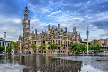 Bradford City Hall in City Park in west Yorkshire