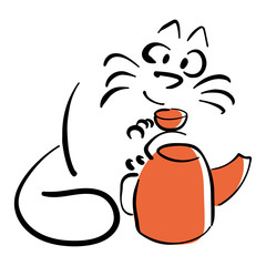 Cat with a cup and teapot