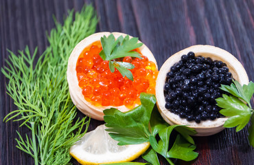 Black and red caviar for guests and friends.