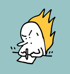 Simple man work hard and fire on his head, Doodle vector illustration.