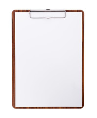 Blank paper on wooden clipboard with space on white background