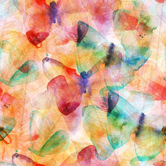 Seamless watercolor texture, abstract butterflies and leaves