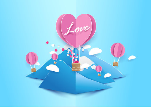 Paper art style Heart shape balloons flying with cloud over mountain. Love concept. Valentines day background