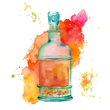 Watercolor drawing of beautiful vintage bottle with texture