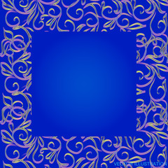 Blue background with border and gold floral ornament. Vector illustration.