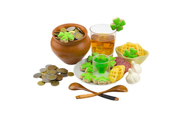glass of whiskey for a dessert green liquor a festive table decorated with garlic and appetizers and coins. Saint Patrick’s Day