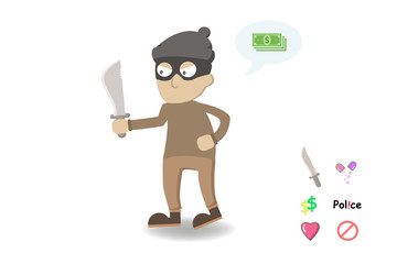 Thief Rob my money. Cute thief character. Vector cartoon illustration EPS10. Knife,Pill,dollar,police,heart,no,sign, cute emoji. Robber in mask.