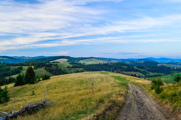 Fototapeta na wymiar Rural area in the Carpathian under dramatic skies