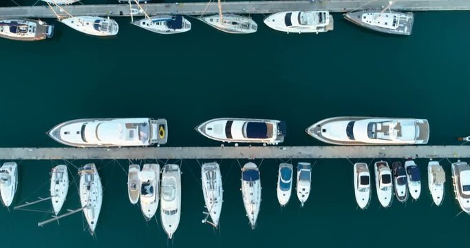 Yachts on the pier. View from above. Aerial.