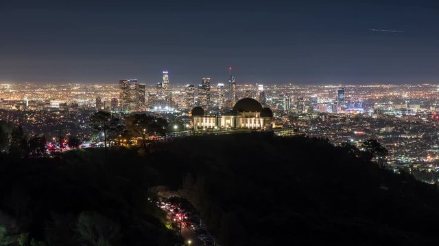 Griffith Observatory and Downtown Los Angeles. Night Timelapse