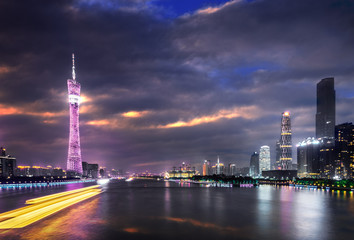 Guangzhou city at night,  the capital and most populous city of the province of Guangdong in...
