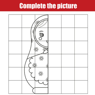Copy by grid. Complete the picture children educational game, coloring page. Kids activity sheet with matreshka doll