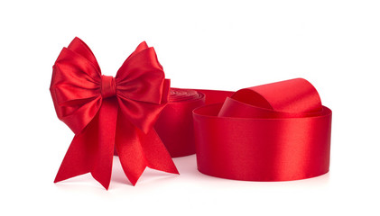 Red bow, red satin ribbon on white background