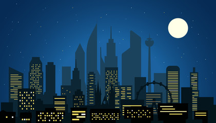 Naklejka premium Modern cityscape in the night vector illustartion. Big city night scene
