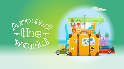 Vacation travelling concept. Vector travel illustration with the bag. Around the world