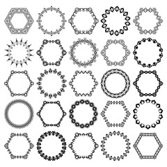 Vector set of tribal black round and hexagon decorative frames for design. Aztec ornamental style - 158374742