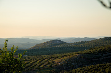 Fototapeta premium Panoramic and idyllic Andalusian landscape, mountain village Alcaudete at sunset