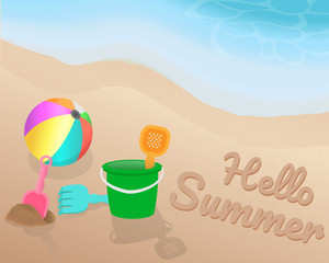 Green orange pink blue Beach toy and colorful beach ball on the beach. Hello Summer on the sand with the blue tone of wave. illustration. vector. graphic design. summer season.