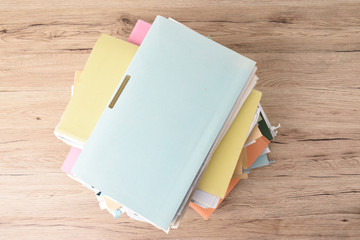 File Stack top view, file folder pace on wood desk background